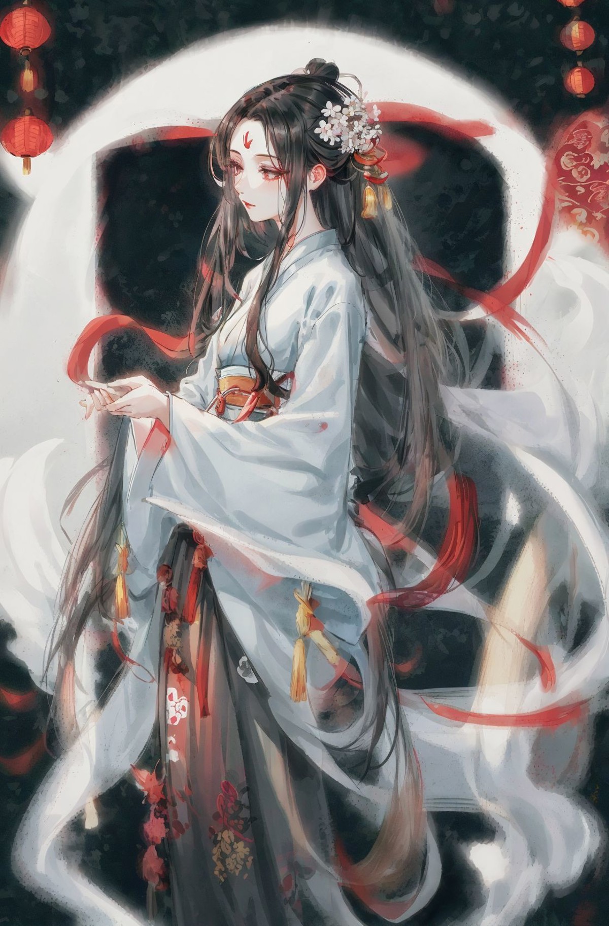 flower, solo, hanfu, long hair, black hair, 1girl, hair ornament, chinese clothes, holding, full body, long sleeves, wide ...